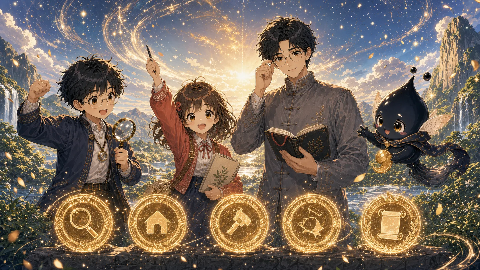 墨墨、词舟、闻老师和句灵完成盘古创世小报告