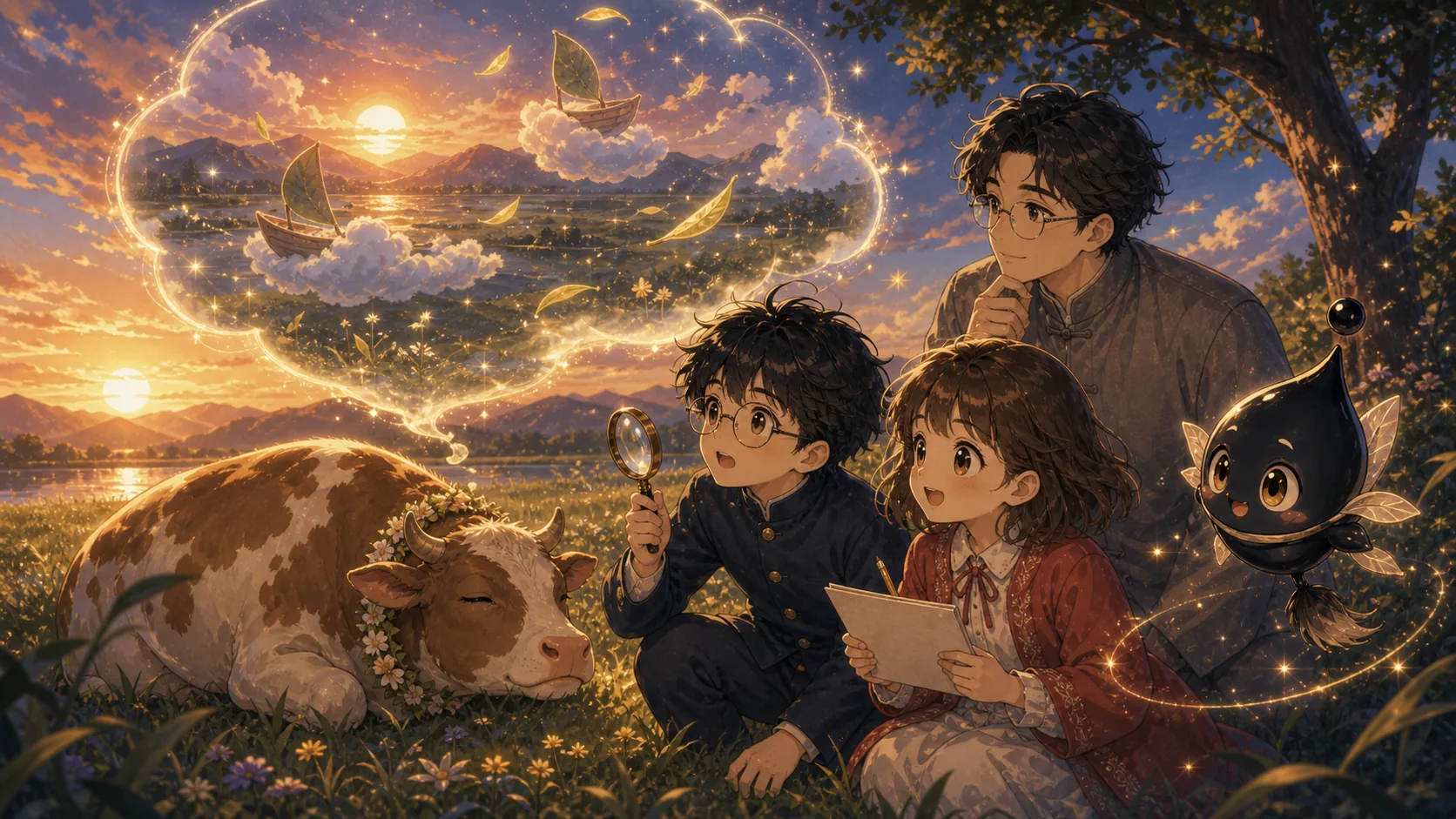 花牛在草地里做梦,云朵小船和夕阳构成诗意想象