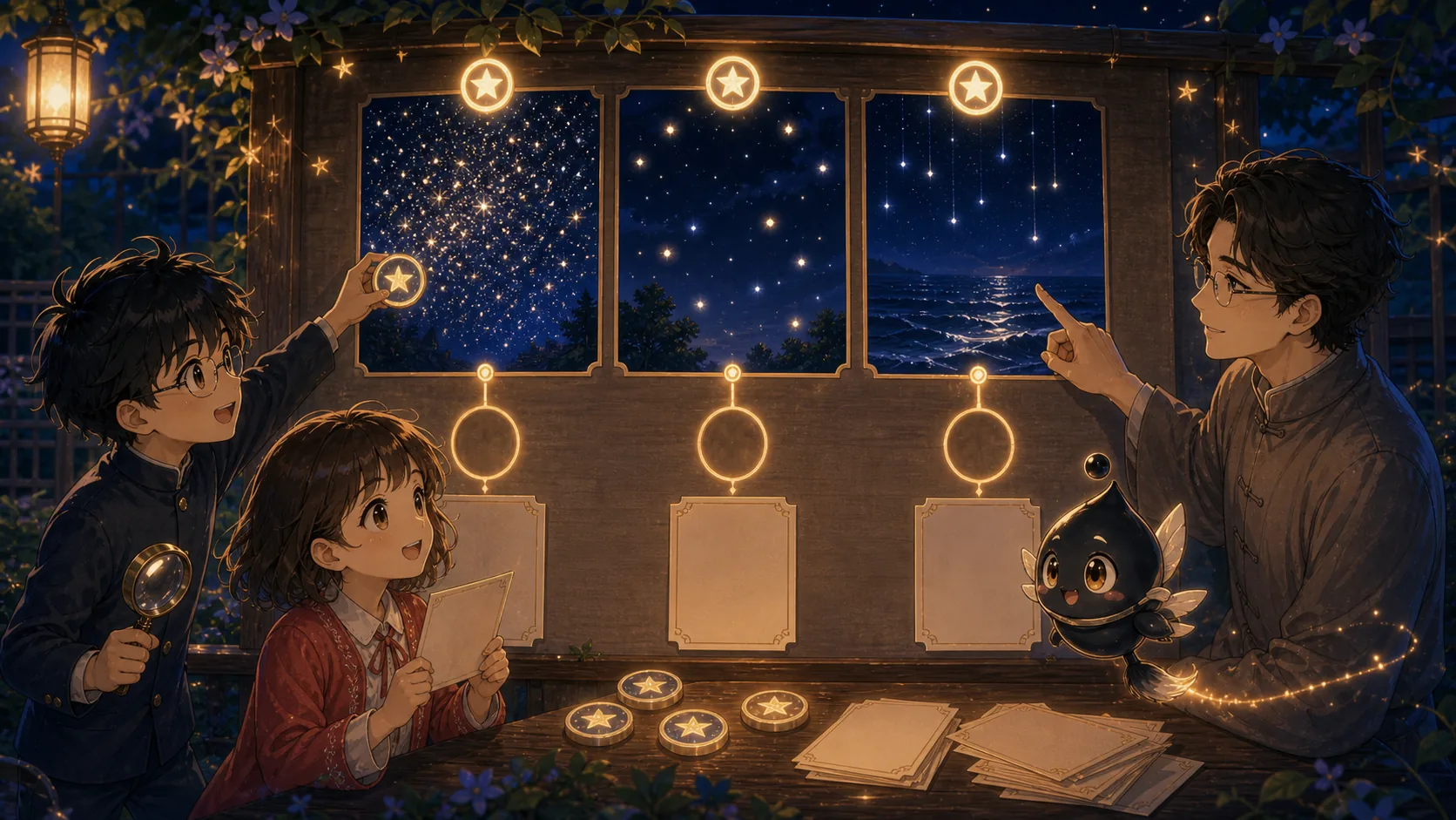 星空证据墙上点亮圆形状态词贴章