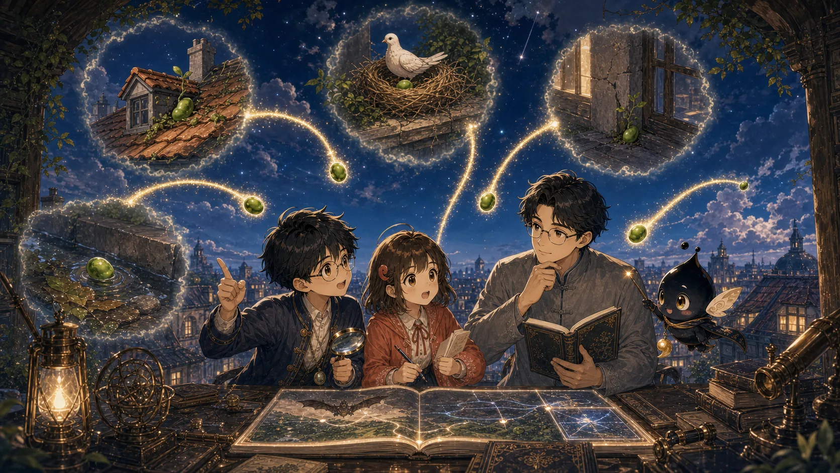 五粒豆飞向五条不同路线