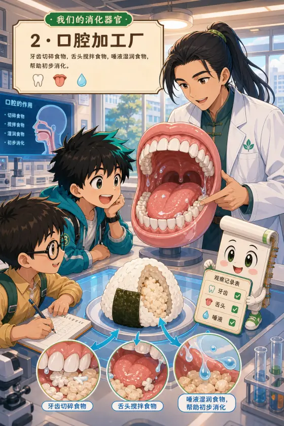 漫画第二页：口腔把饭团变成更碎更湿软的食物