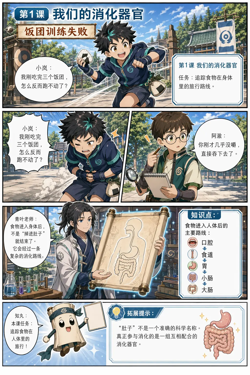 漫画第一页：小岚吃完饭团后发现身体旅行任务