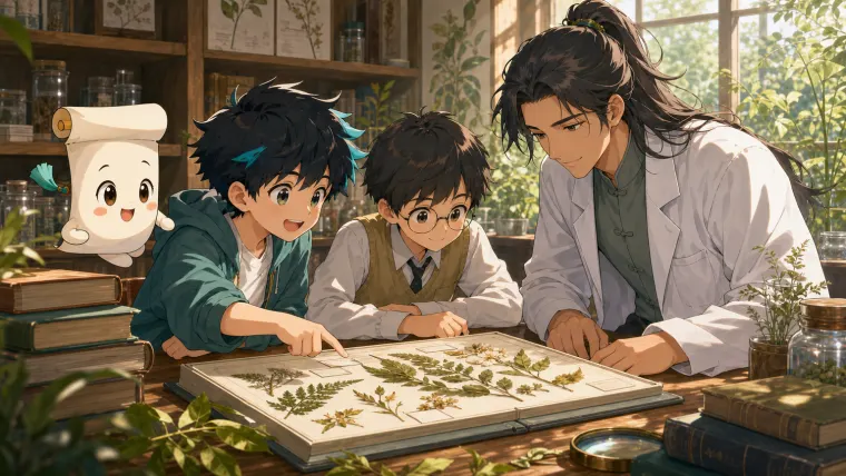 科学探险队围着植物标本档案整理制作步骤和标签结论